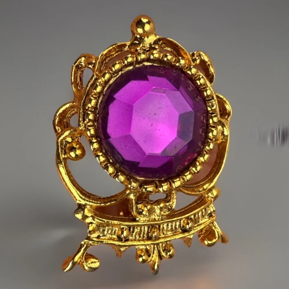 Vintage Purple Faceted Center Ornate Goldtone Openwork Statement Brooch